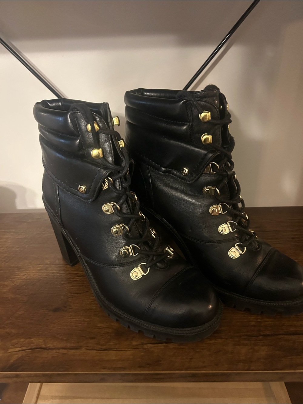 G by Guess Black Leather Quilted Lace-Up Ankle Boots with Gold Hardware
